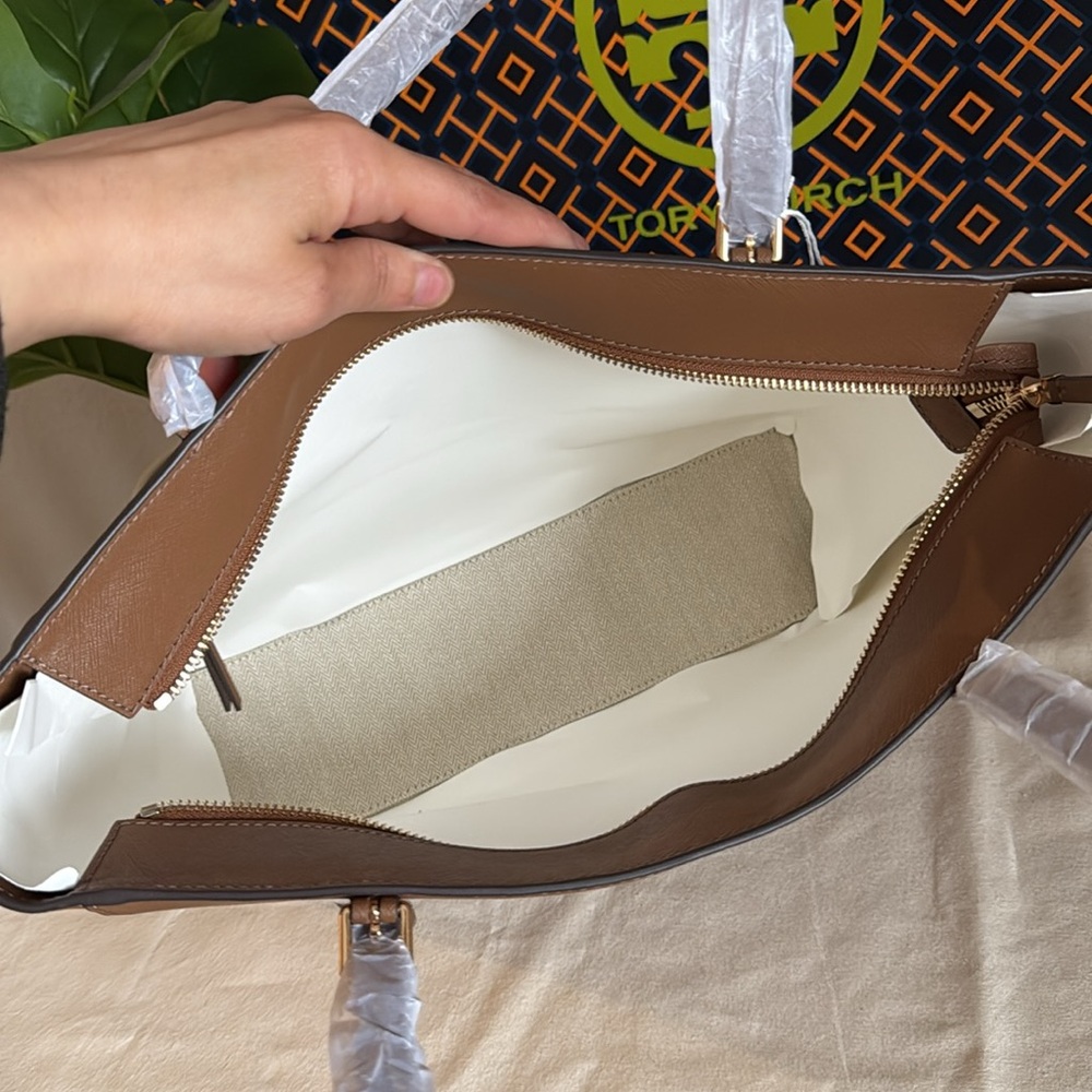 NWT , Tory Burch Emerson zip  Brown large Tote Bag moose color - Picture 7 of 14